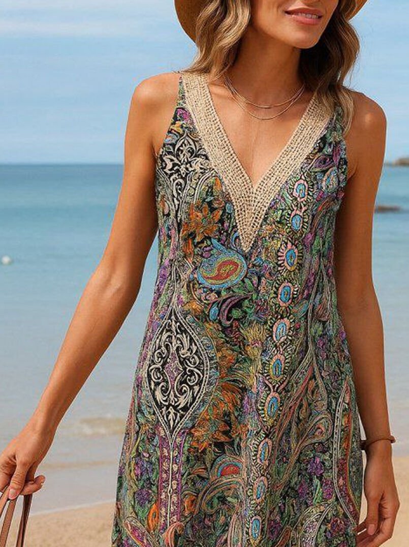 v yakalı desenli süprem elbise