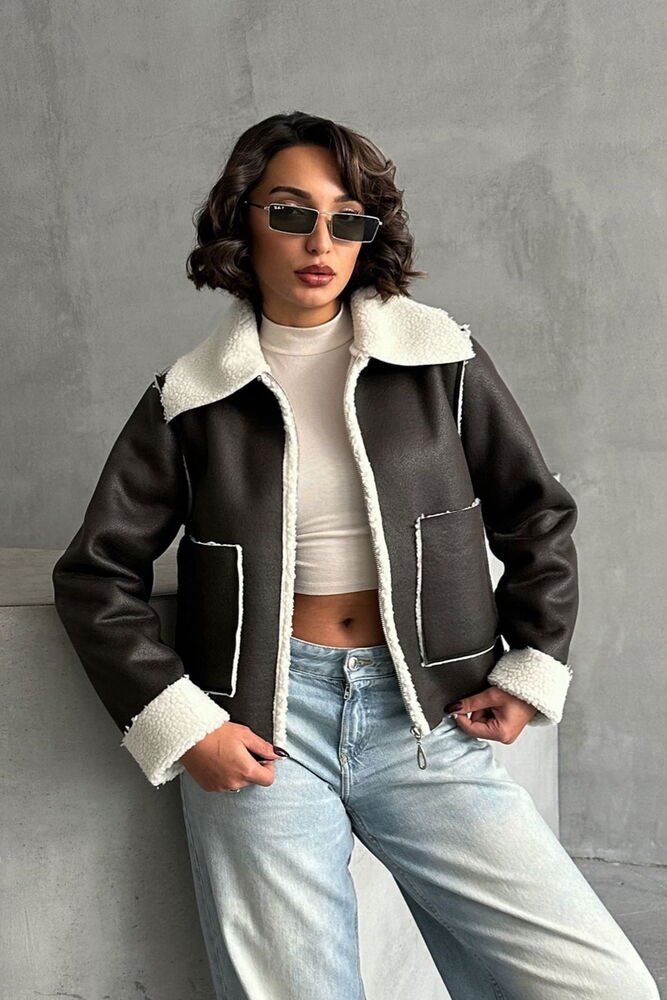 Süet Peluş Mont Antrasit Krem