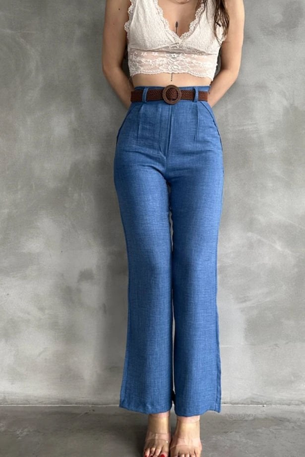 Beli Kemerli Keten Pantolon  Mavi