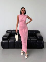 Sıfır Kol Drepe Elbise Pembe