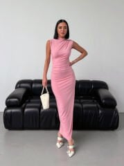 Sıfır Kol Drepe Elbise Pembe