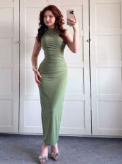 Sıfır Kol Drepe Elbise Yesil