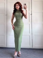 Sıfır Kol Drepe Elbise Yesil