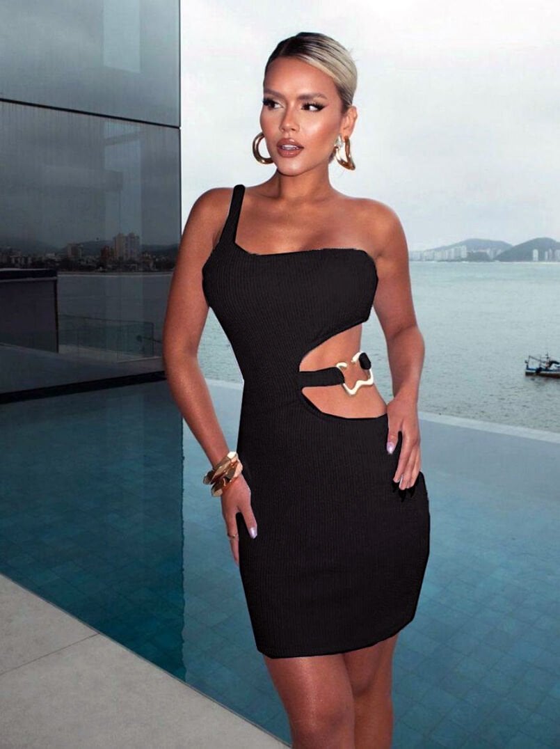 Fitilli çelik aksesuar detay mini elbise