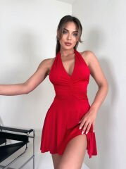 Büzgü detaylı kloş mini elbise