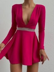 Taş detay kemerli kiloş elbise