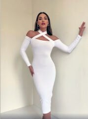 Fitilli  kumaş boyundan bağlamalı elbise