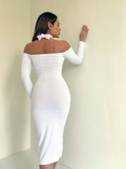 Fitilli  kumaş boyundan bağlamalı elbise