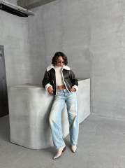 Süet Peluş Mont Antrasit Krem