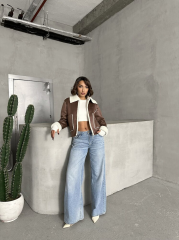 Süet Peluş Mont Kahverengi Krem