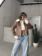 Süet Peluş Mont Kahverengi Krem