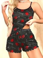 Askılı Kırmızı Dudak Baskılı Şortlu Pijama Takımı