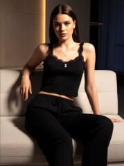 Dantelli Pamuklu Crop ve Pantolon Takımı Premium Pijama Takımı Siyah