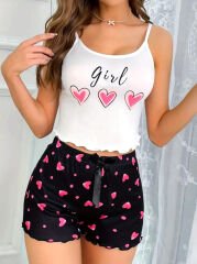 Girl Kalp Baskılı Askılı Şortlu Pijama Takımı