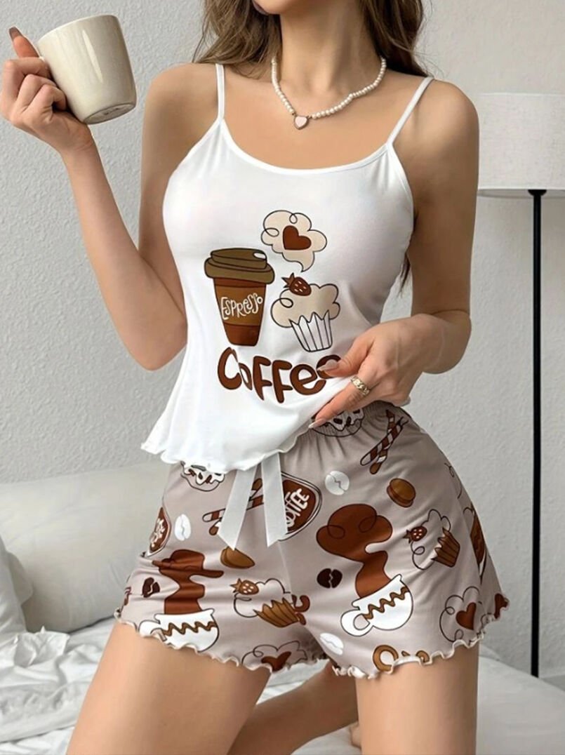Kahve Baskılı Askılı Şortlu Pijama Takımı