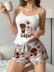 Kahve Baskılı Askılı Şortlu Pijama Takımı