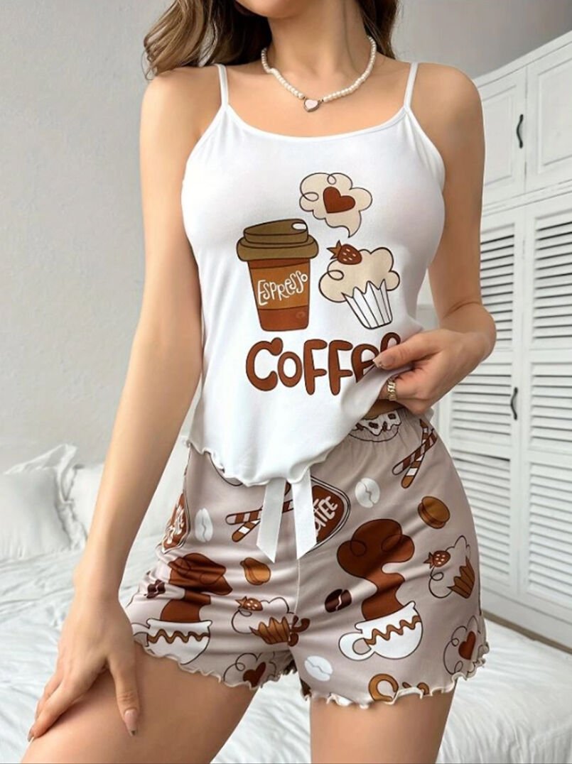 Kahve Baskılı Askılı Şortlu Pijama Takımı