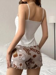 Kahve Baskılı Askılı Şortlu Pijama Takımı
