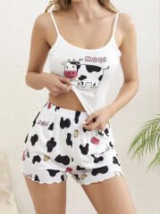 İnek Moo Baskılı Askılı Şortlu Pijama Takımı