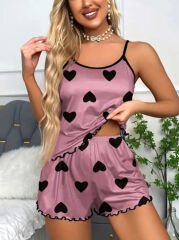 Askılı Kalp Desenli Mor Renk Şortlu Pijama Takımı