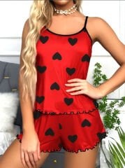 Askılı Kalp Desenli Kırmızı Renk Şortlu Pijama Takımı