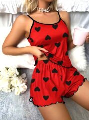 Askılı Kalp Desenli Kırmızı Renk Şortlu Pijama Takımı