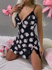 Hello Kitty Seksi Derin V Yaka Dantel Detaylı Yırtmaçlı Gecelik Siyah