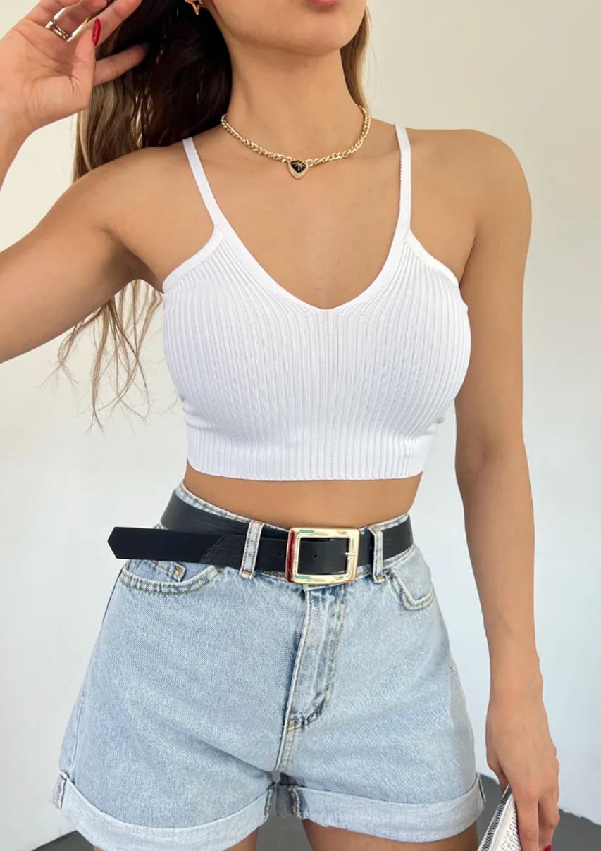 Askılı V Yaka Triko Crop Beyaz Bluz