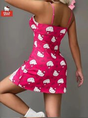 Hello Kitty Seksi Derin V Yaka Dantel Detaylı Yırtmaçlı Gecelik Pembe