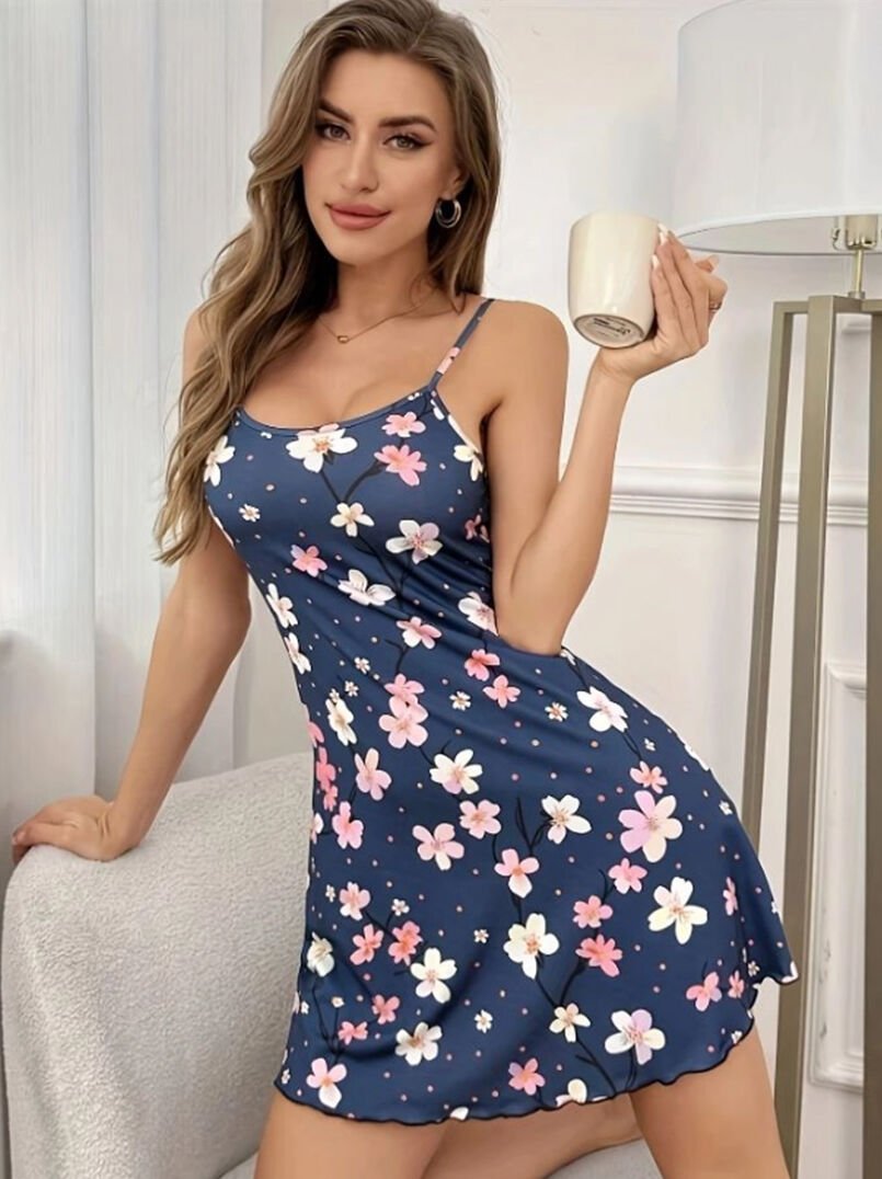 Lacivert Çiçek Desenli Askılı  Gecelik