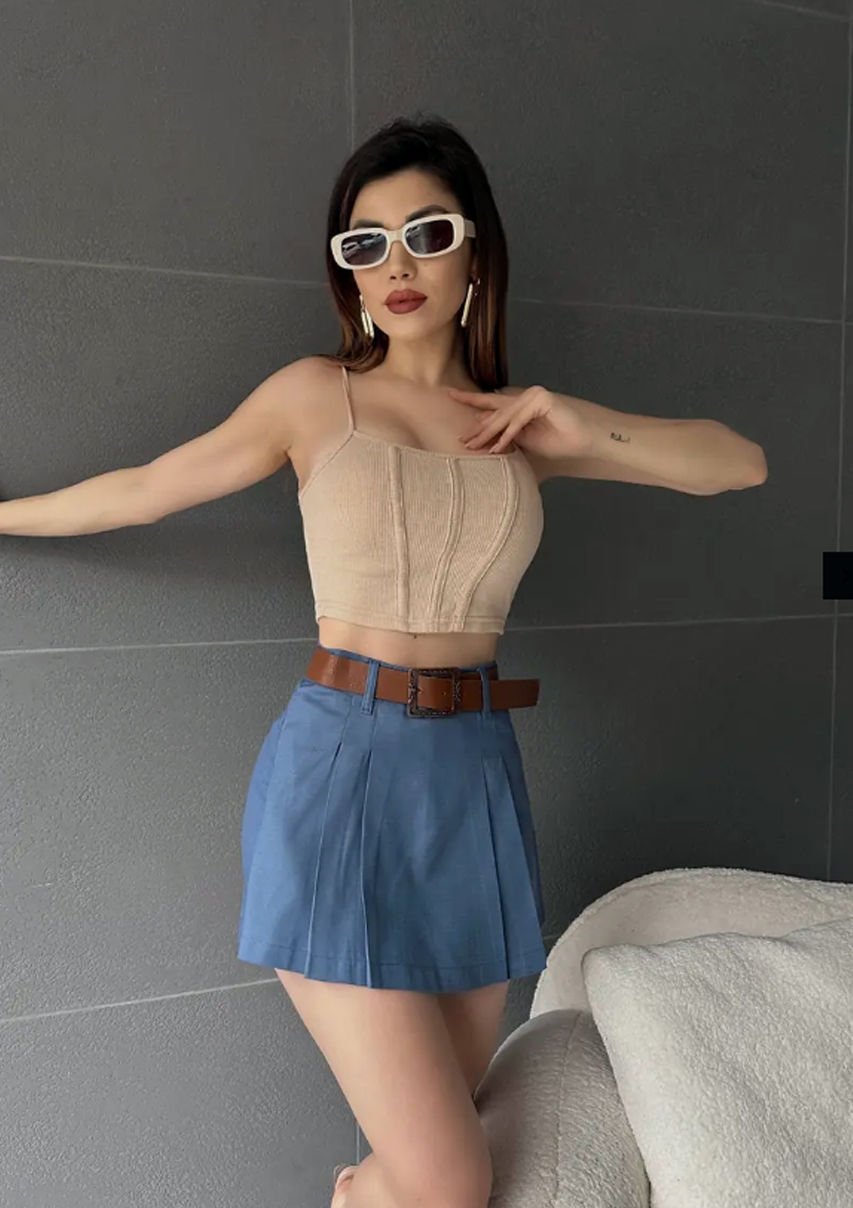 Kendinden Kemerli Pileli Şortlu  Etek Mavi