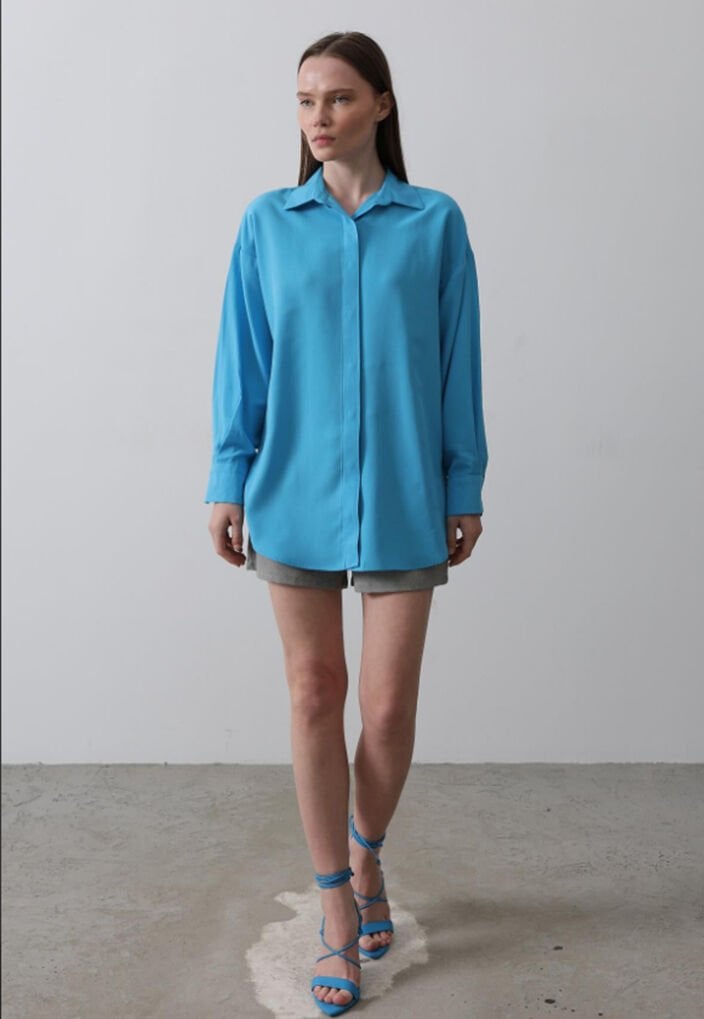 Manşet Detaylı Geniş Gömlek Mavi