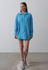 Manşet Detaylı Geniş Gömlek Mavi