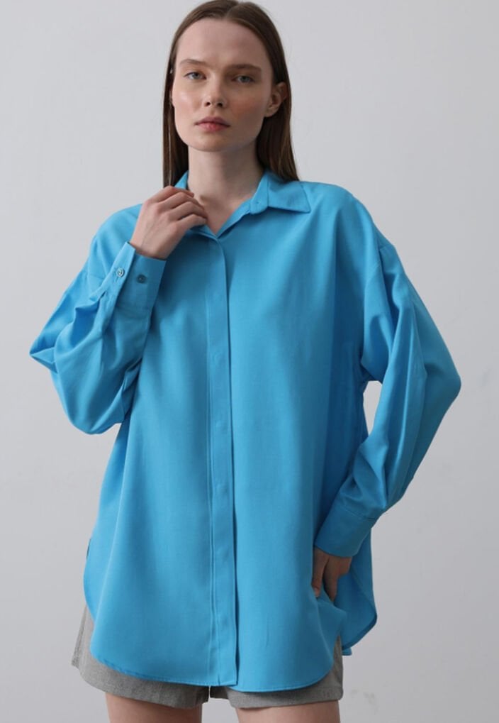 Manşet Detaylı Geniş Gömlek Mavi