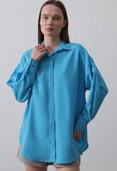 Manşet Detaylı Geniş Gömlek Mavi