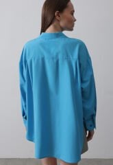 Manşet Detaylı Geniş Gömlek Mavi