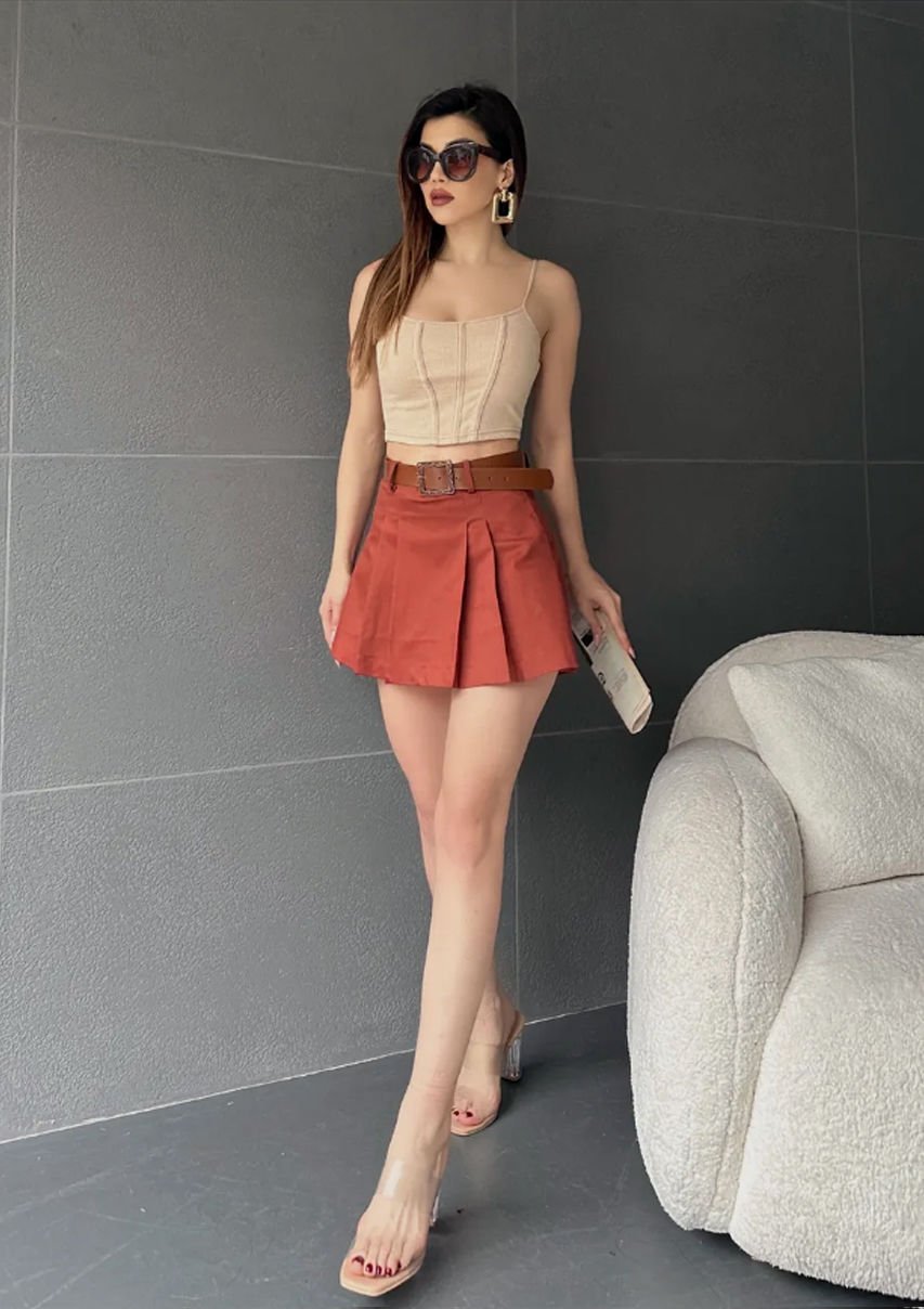 Kendinden Kemerli Pileli Şortlu  Etek Kiremit