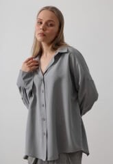 Manşet Detaylı Geniş Gömlek Gri