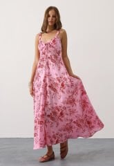 Çicek desenli askılı müslin elbise- Pembe