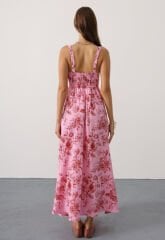 Çicek desenli askılı müslin elbise- Pembe