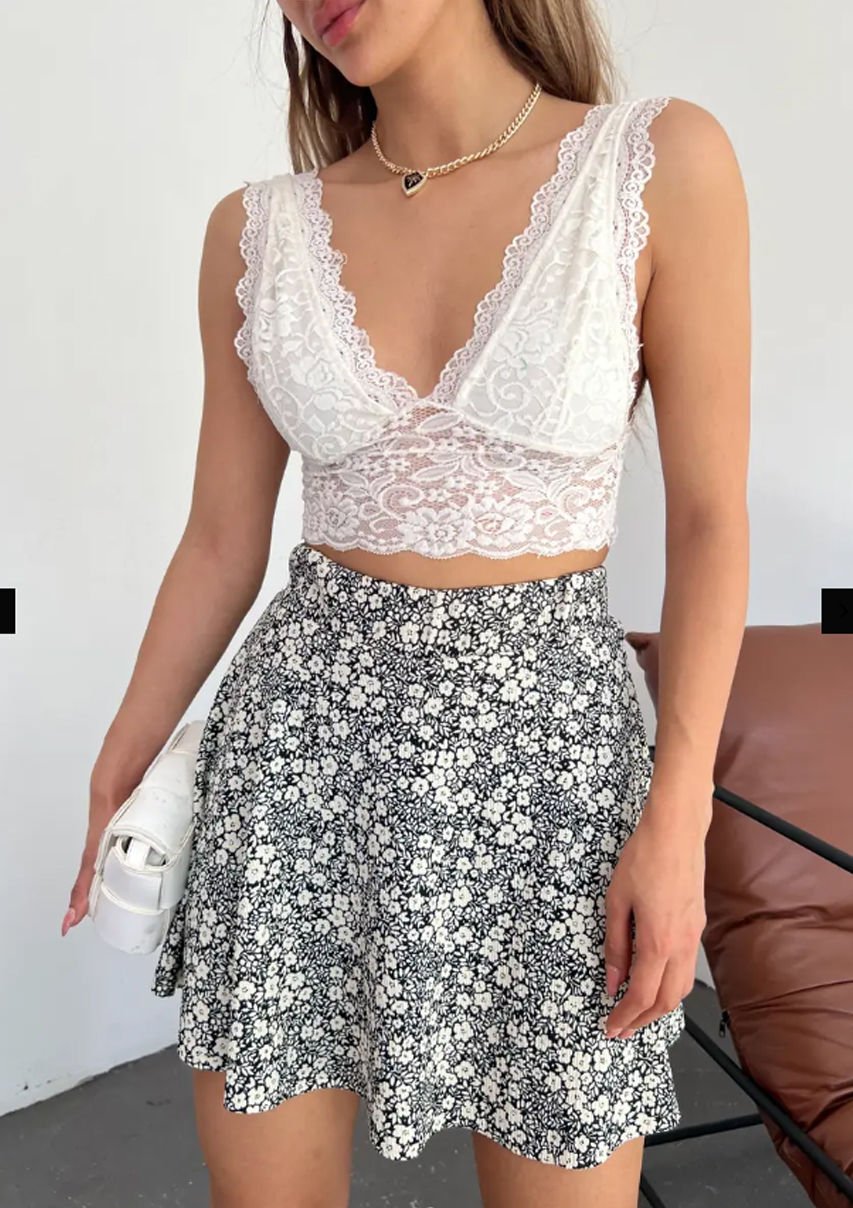 Desenli Krinkıl Şortlu Etek Siyah Noktalı