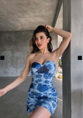 Çiçek Desenli Drapeli Mini Dilber Elbise Mavi