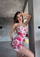 Çiçek Desenli Drapeli Mini Dilber  Elbise Pembe