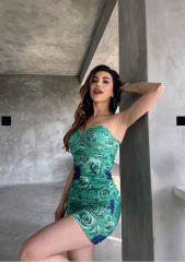 Çiçek Desenli Drapeli Mini Dilber  Elbise Yeşil