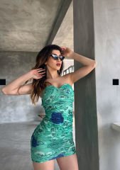 Çiçek Desenli Drapeli Mini Dilber  Elbise Yeşil