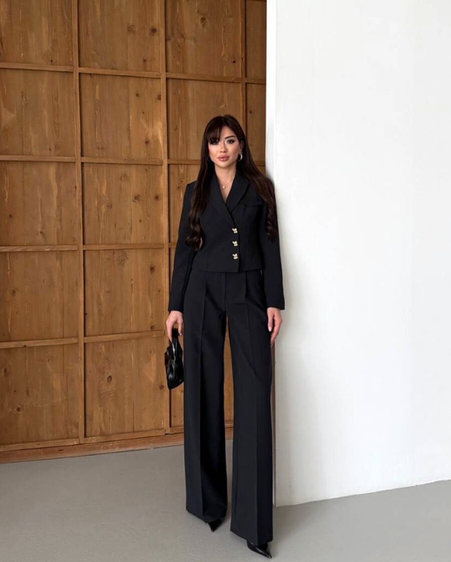 Kısa Ceketli Bol Paça Takım Siyah