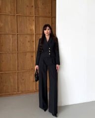 Kısa Ceketli Bol Paça Takım Siyah