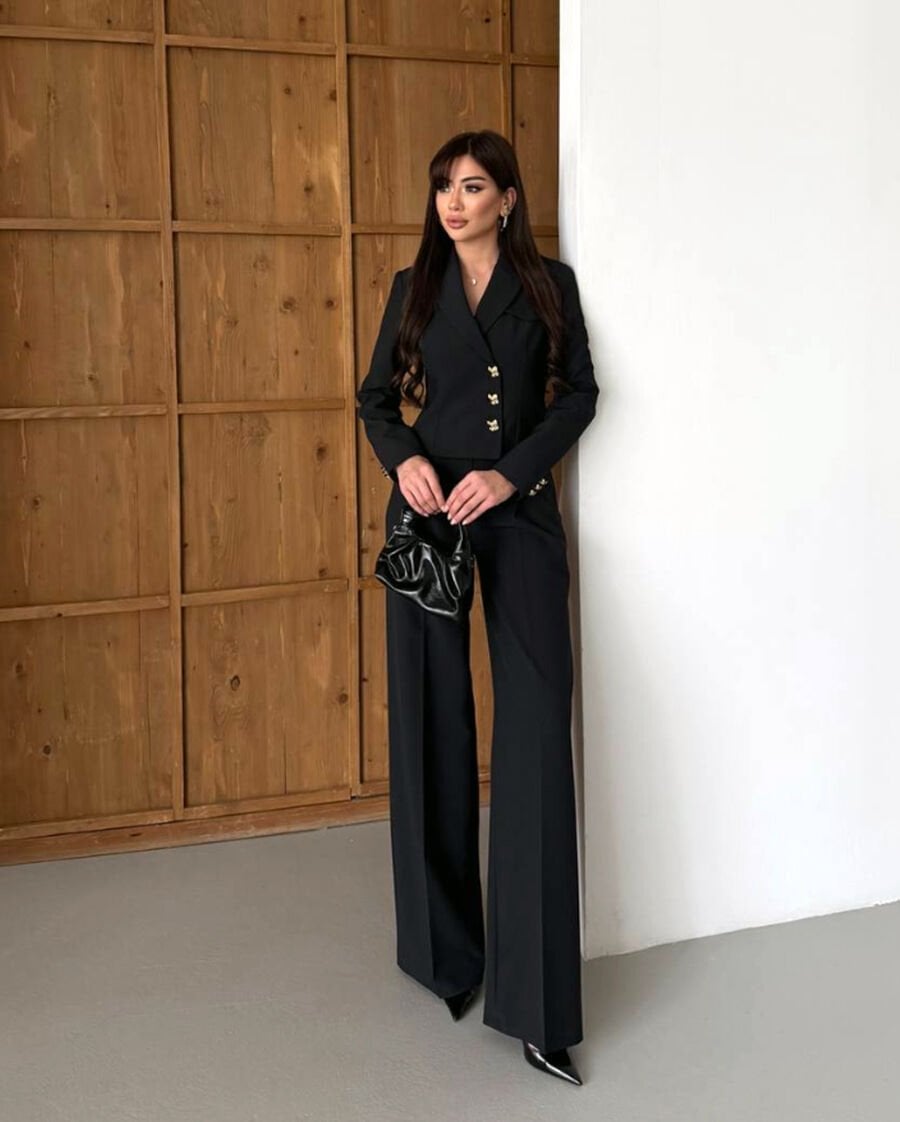 Kısa Ceketli Bol Paça Takım Siyah