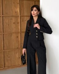 Kısa Ceketli Bol Paça Takım Siyah