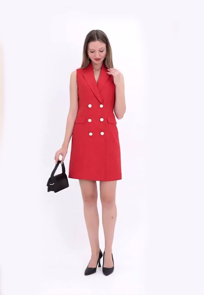 Düğme Detaylı Kolsuz Elbise Kırmızı